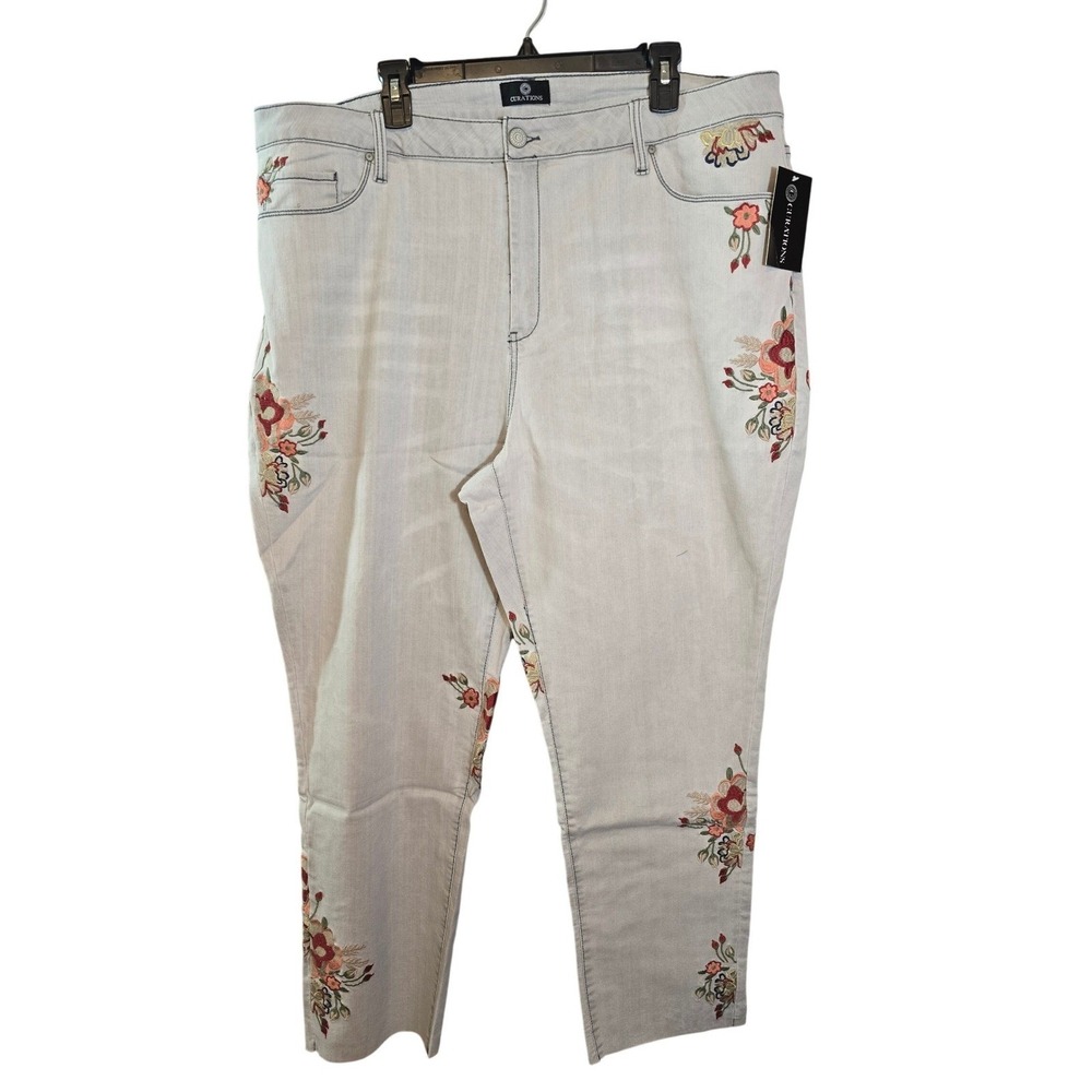 Curations Women Size 16T Grey‎ Embroidered Straight Leg stretch ankle Jeans New